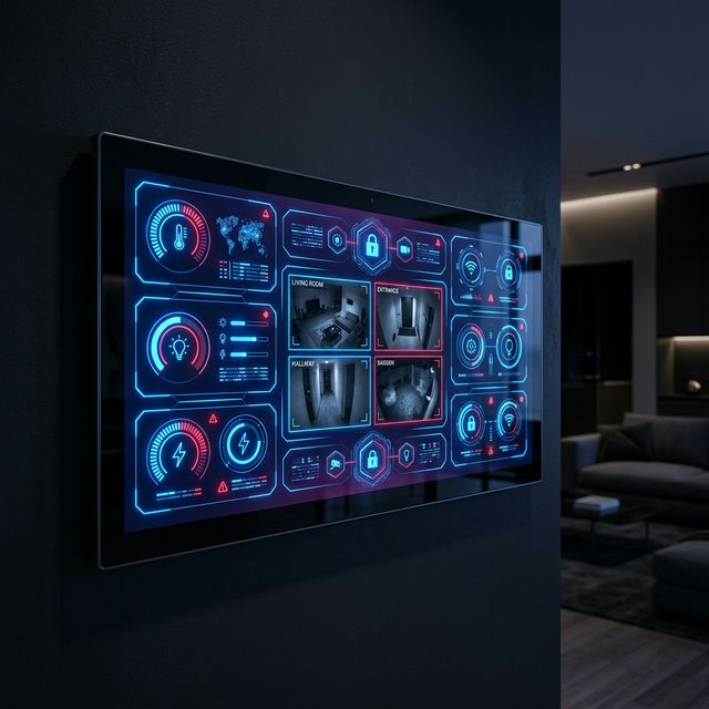 Akıllı ev otomasyon kontrol paneli ve güvenlik ekranı