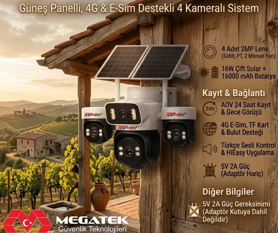TW-1241-SS GÜNEŞ PANELLİ 4G, E-SİM DESTEKLİ 4 LENS KAMERA